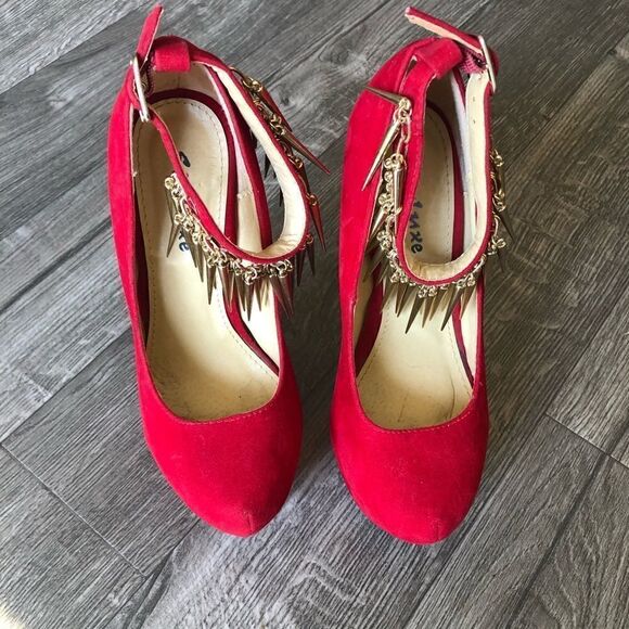 Styluxe Red Velvet Suede Platform Spike Ankle Strap Stiletto Heels - Picture 4 of 7